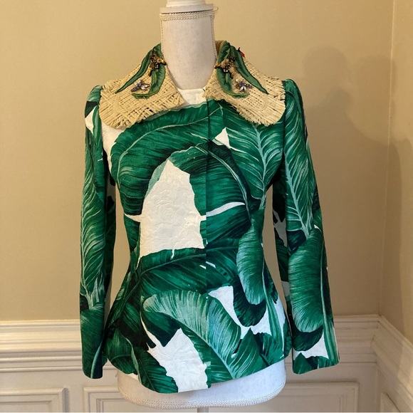 DOLCE AND GABBANA Green White Banana Leaf Tropical Print Straw Collar Jacket - Picture 15 of 15